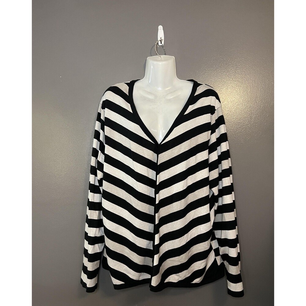 Sandra Woman Sweater Top Womens Black White Striped V Neck Button Long Sleeve